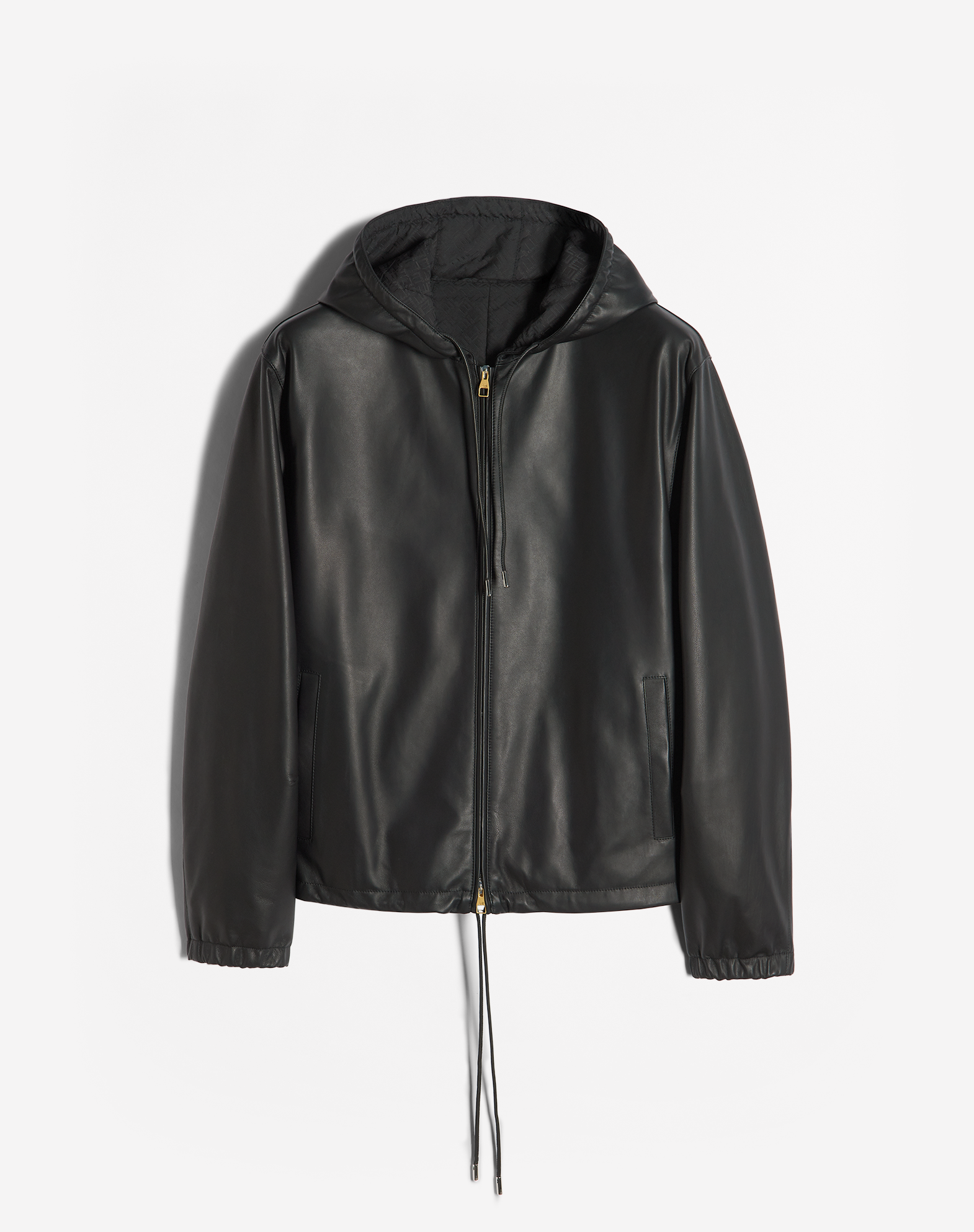 black leather hooded jacket