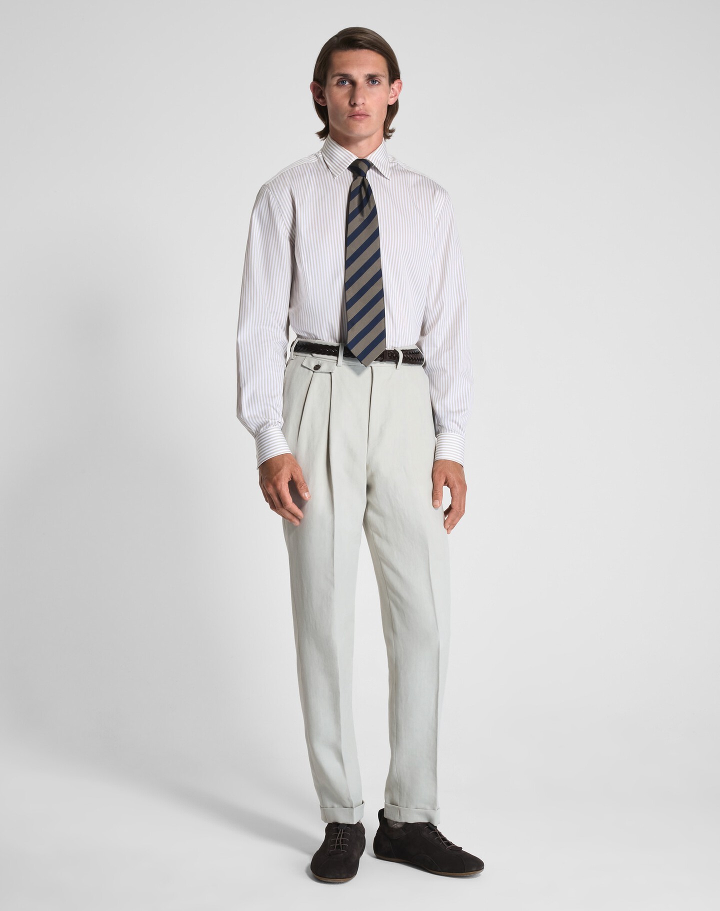 Cotton Silk Bengal Stripe Long Sleeve Half Spread Collar Shirt - 2