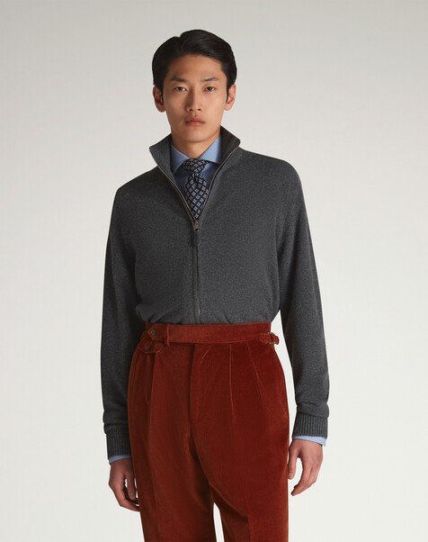 Cashmere Zip Through Jumper, Mid Grey Melange Cashmere Zip Through Jumper