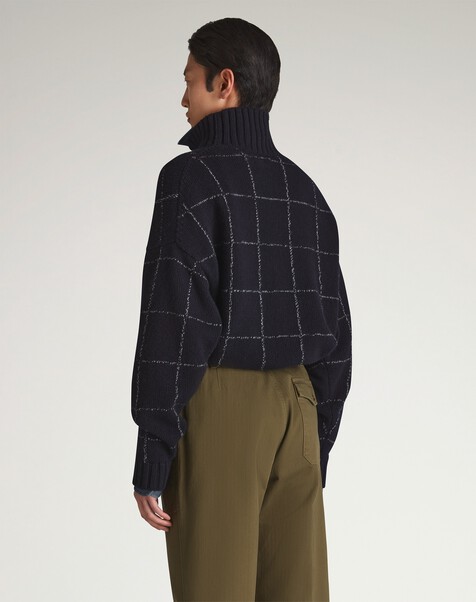 Cashmere Check Intarsia High Neck Jumper, Navy Cashmere Check Intarsia High Neck Jumper