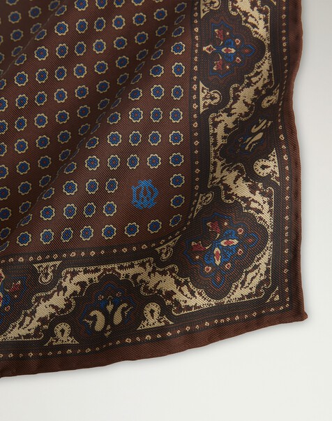 Silk Floral Medallion Screen Printed Pocket Square, Chocolate Silk Floral Medallion Screen Printed Pocket Square