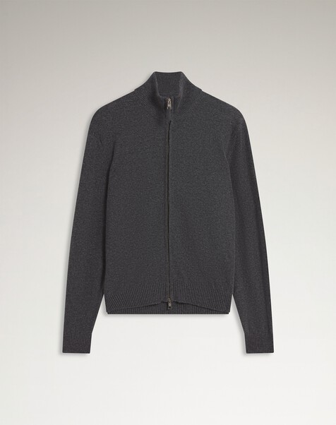 Cashmere Zip Through Jumper, Mid Grey Melange Cashmere Zip Through Jumper