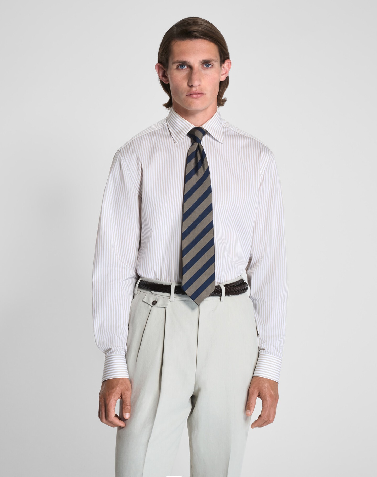 Cotton Silk Bengal Stripe Long Sleeve Half Spread Collar Shirt - 3