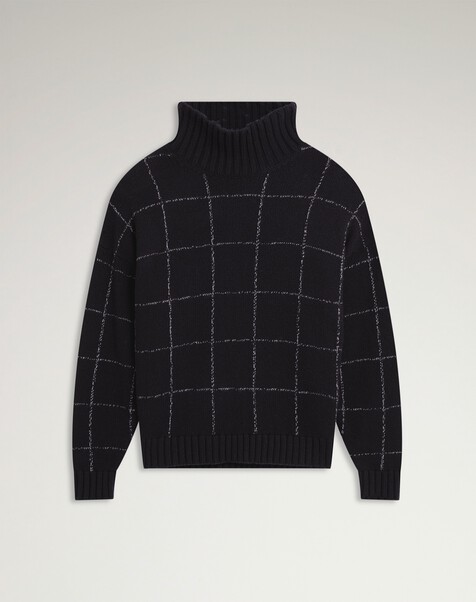 Cashmere Check Intarsia High Neck Jumper, Navy Cashmere Check Intarsia High Neck Jumper