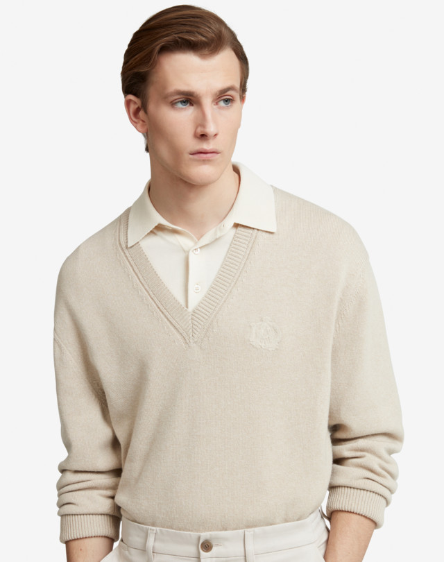 Men's Beige Cotton Cashmere V Neck Jumper | dunhill UK