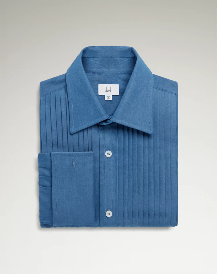 DUNHILL FORMAL SHIRTS Man Cotton Chambray Pleated Bib Point Collar Evening Shirt f