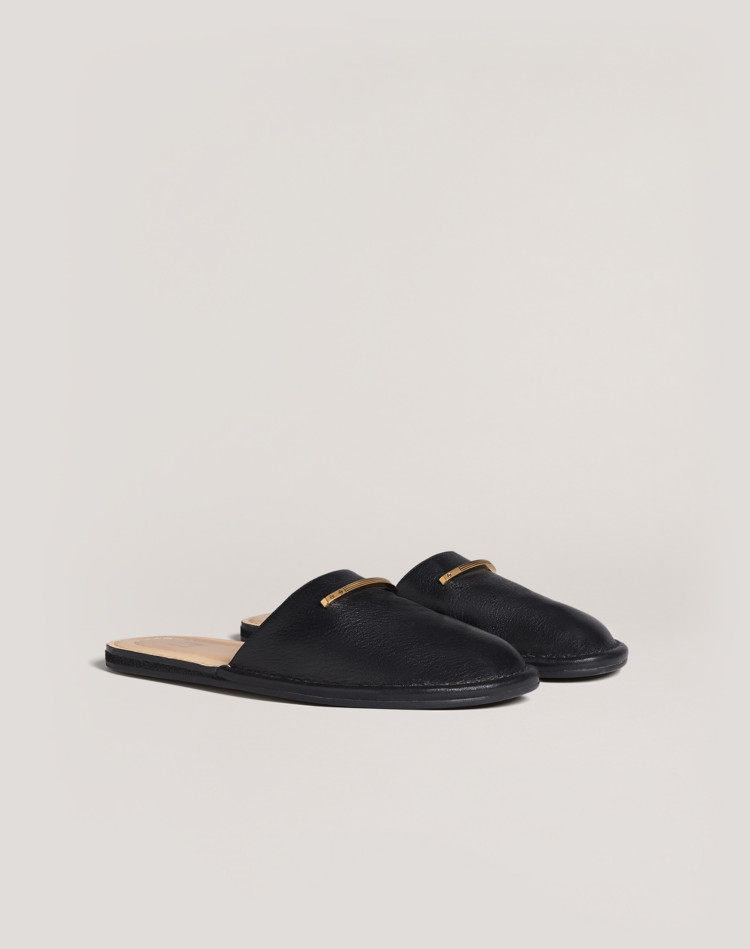 black leather slippers