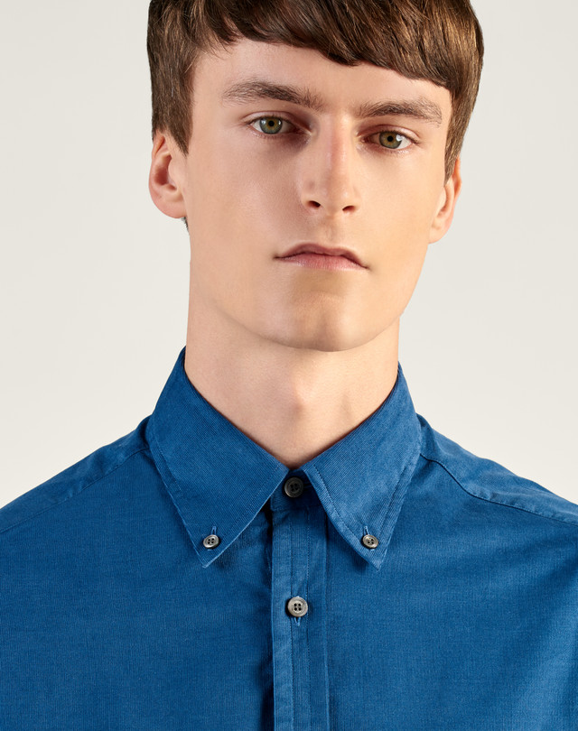 Men's Pitch Blue Cotton Velvet Button Down Shirt dunhill JO Online Store