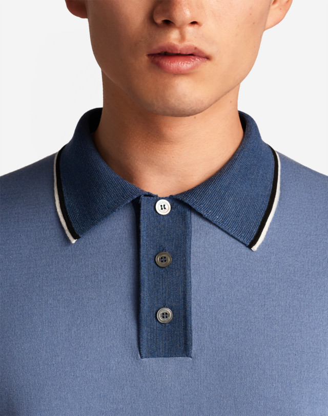 Men's Steel Blue Silk Stripe Trim Short Sleeve Polo | dunhill UK