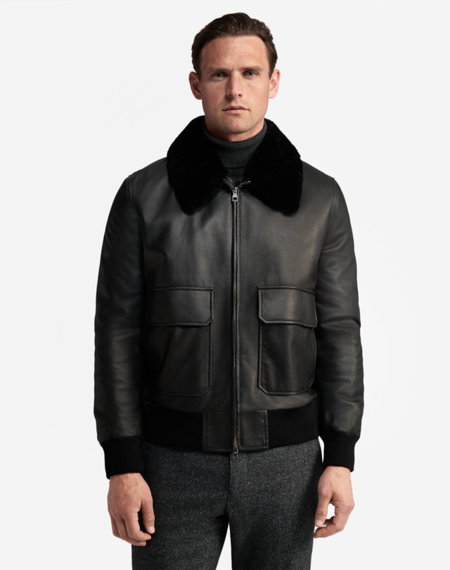 Men's Black Matt Shearling Collar Leather Aviator Jacket | dunhill TW ...