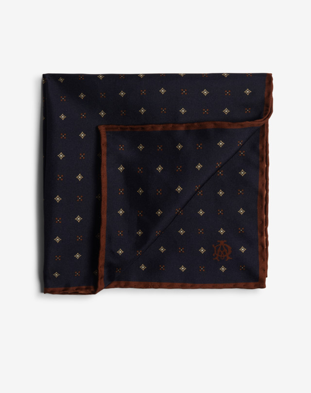 DUNHILL Pochette quadrata in seta blu notte con stampa Neat a fiorellini POCHETTE DA TASCHINO Uomo f