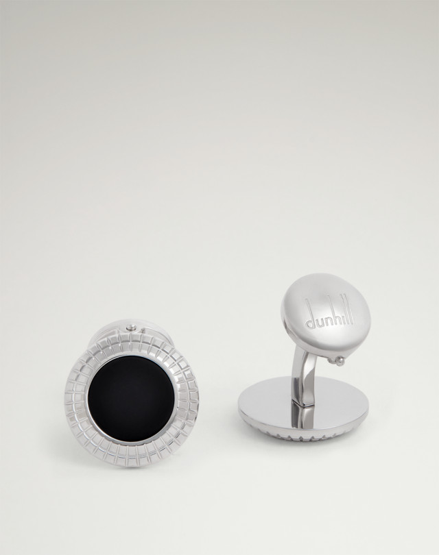 DUNHILL Runde Manschettenknöpfe mit Hobnail-Muster und Onyx-Einsätzen MANSCHETTENKNÖPFE Herren f