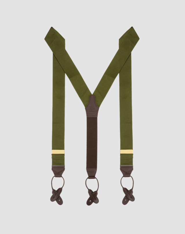 Braces are shown in burgundy with green detailing and tan leather trim