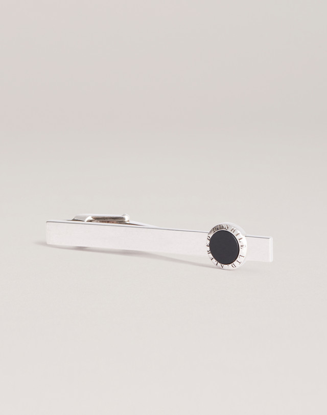 Tiebar is shown in silver and onyx