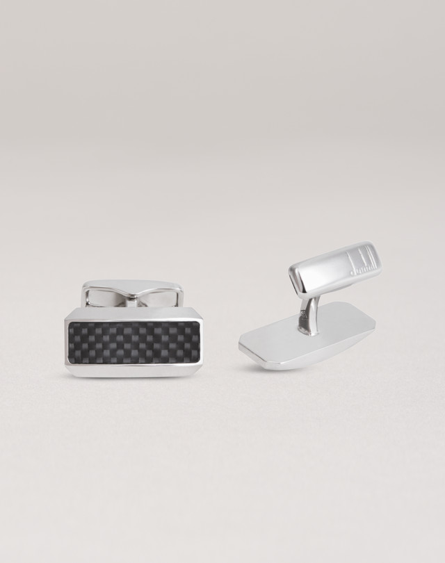 Cufflinks are shown in engine turn pattern carbon fibre and silver finish