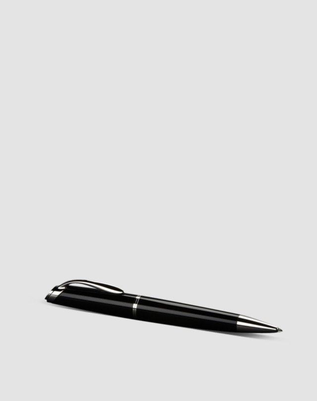Pen is shown in black resin and silver finish
