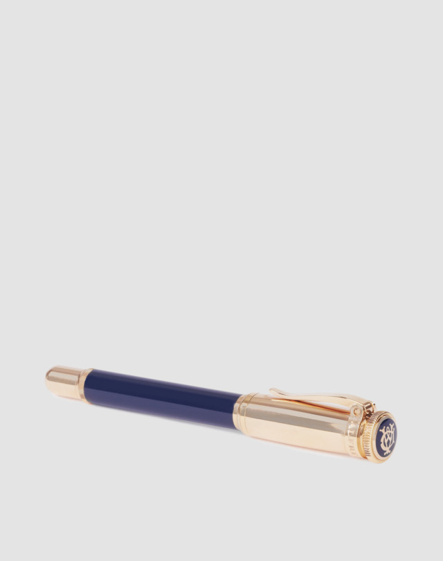 Pen is shown in blue resin and pink-gold finish